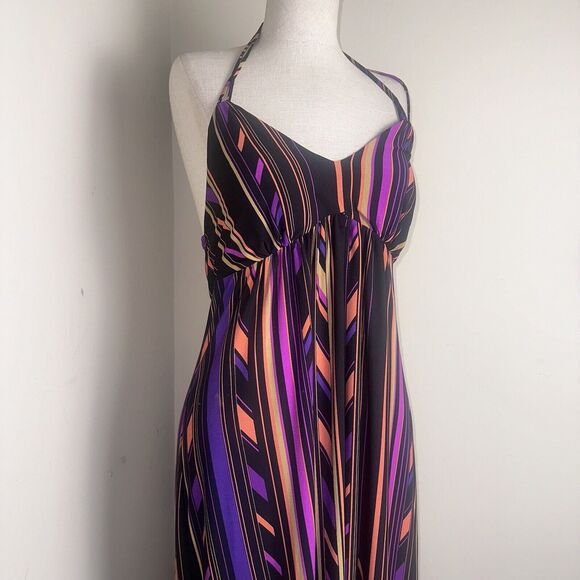 Carole Little Maxi Boho Multicolor Halter Sleeveless V Neck Summer Dress Sz S - Picture 2 of 7
